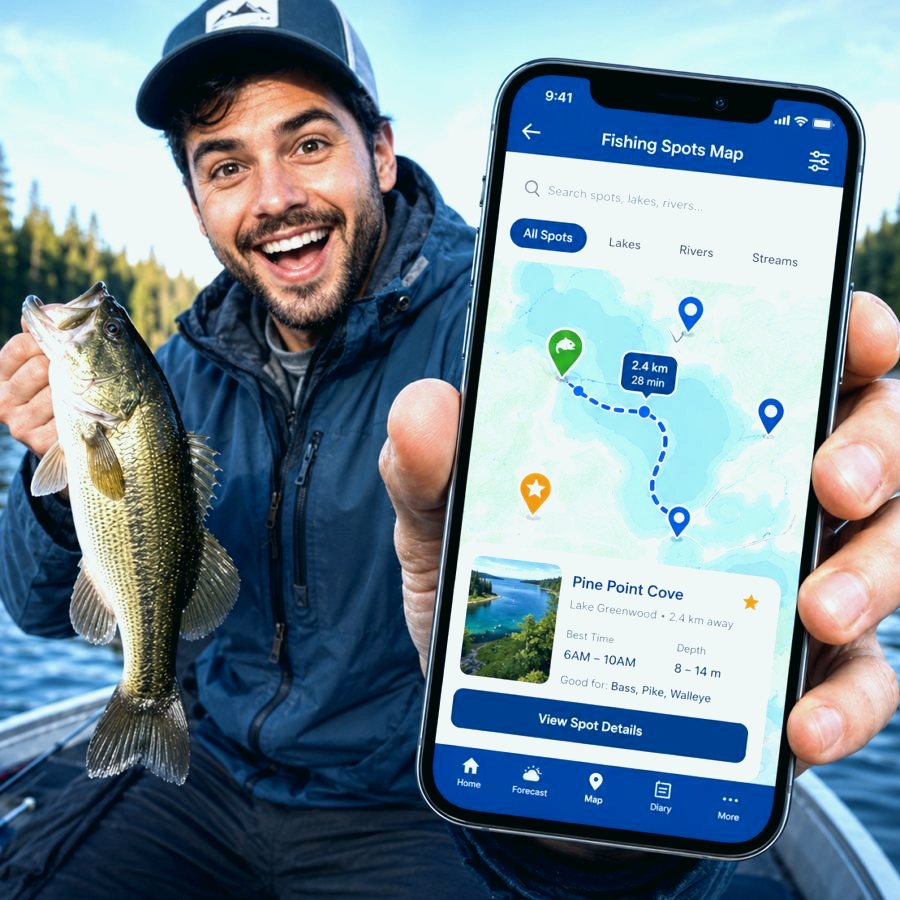 Fishing map screen with saved spots